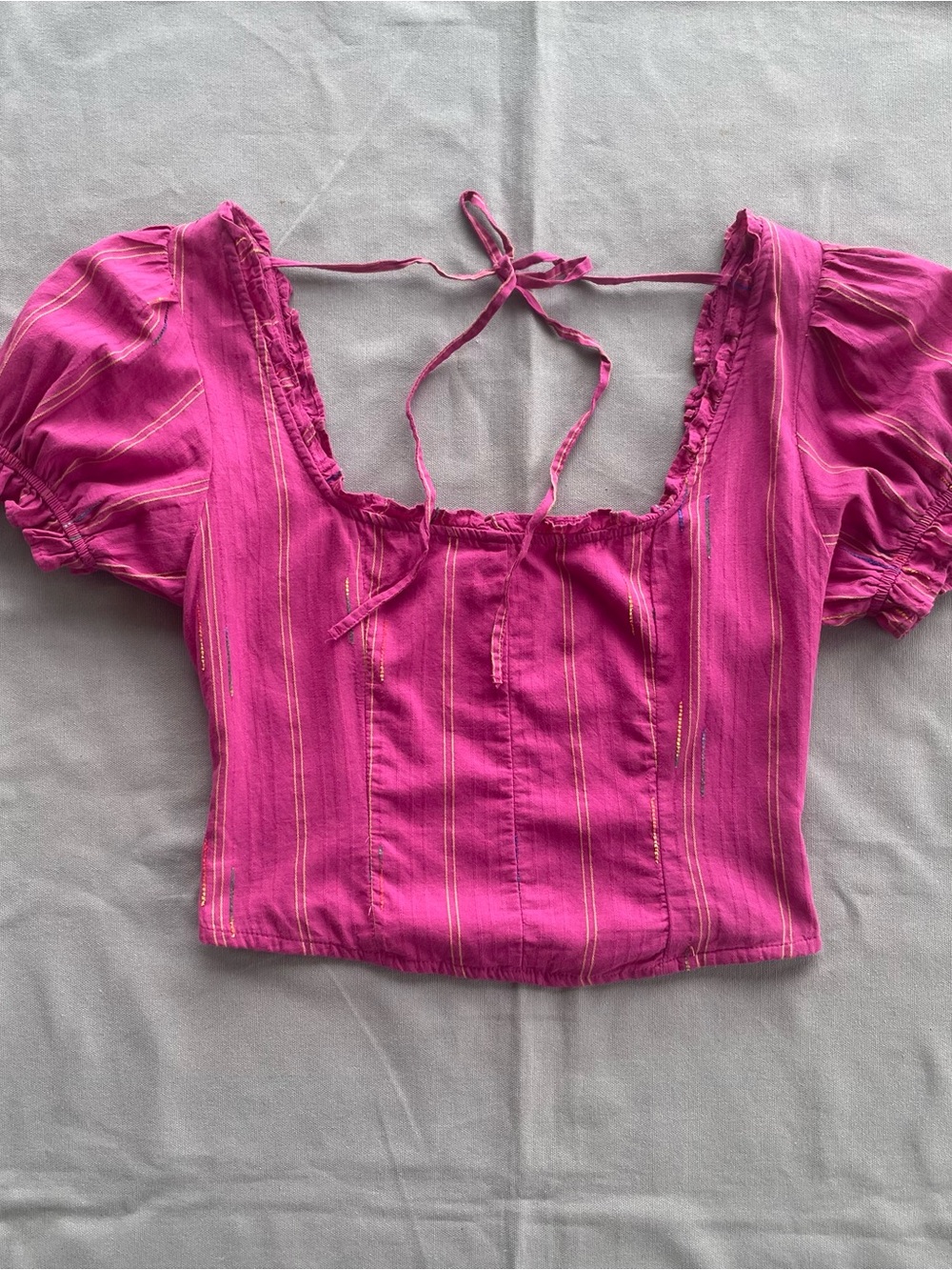 Free People Serotonin Corset Smocked Puff Sleeve Pink Sz S Boho Square Neck GUC